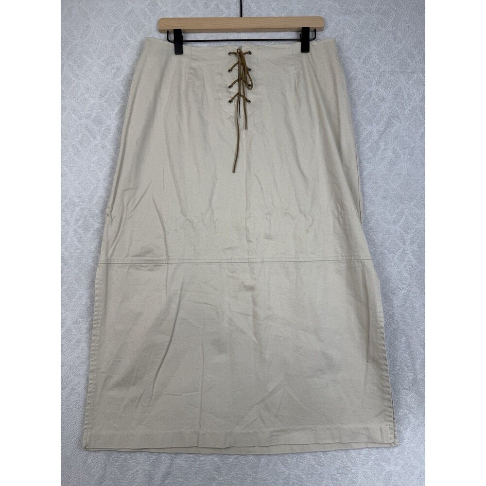Vtg Stretch Khaki Denim Maxi Skirt 14 Lace Up Corset Waist Western Modest Y2K